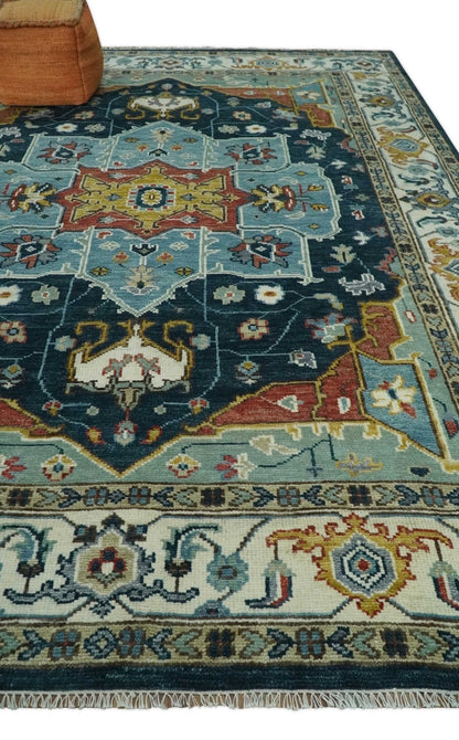 Custom Made Blue and Ivory Hand Knotted Medallion Design Wool Area Rug.