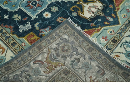 Custom Made Blue and Ivory Hand Knotted Medallion Design Wool Area Rug.