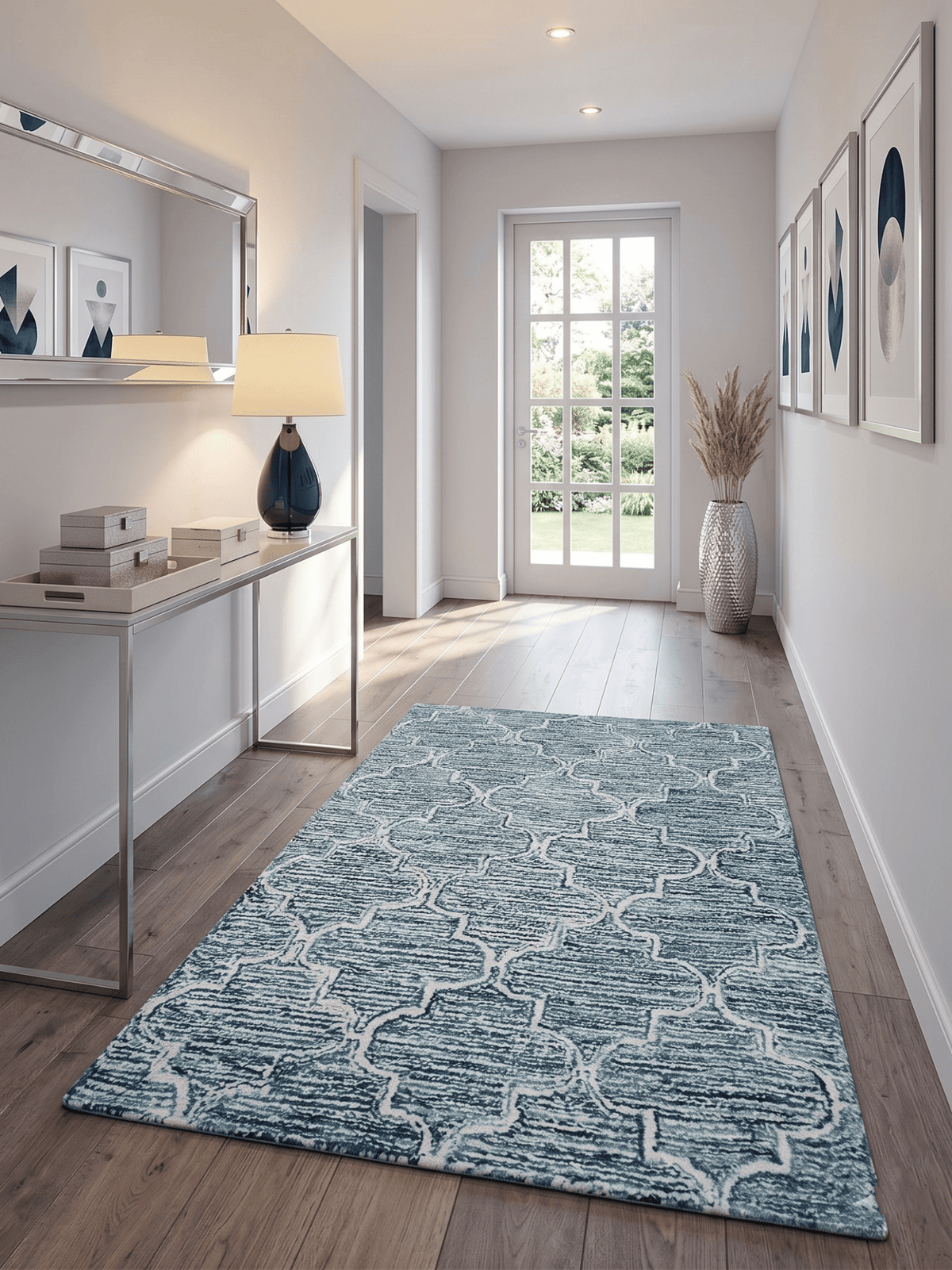 Blue and Ivory Modern Geometric Hand Tufted Natural Wool Rug.