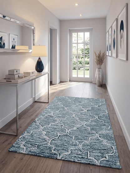 Blue and Ivory Modern Geometric Hand Tufted Natural Wool Rug.