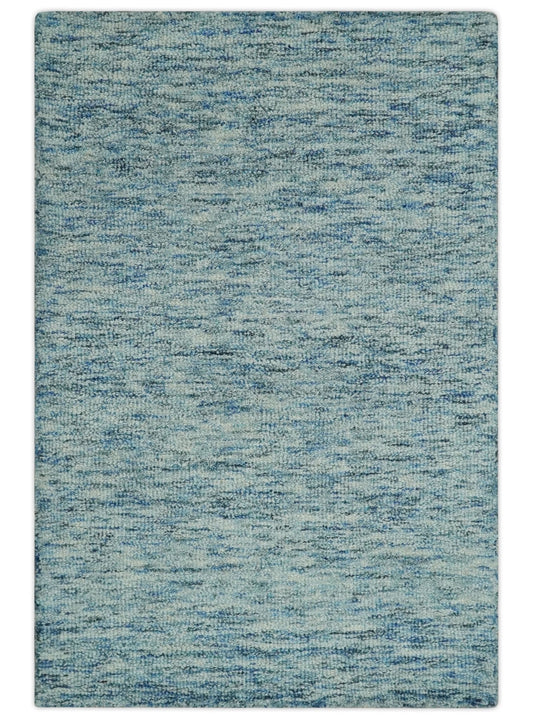 Custom Made Blue and Ivory Solid Wool Hand Woven Area Rug.