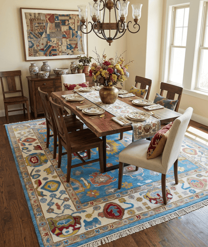 Blue and Ivory Traditional Oushak Hand Knotted Wool Area Rug.