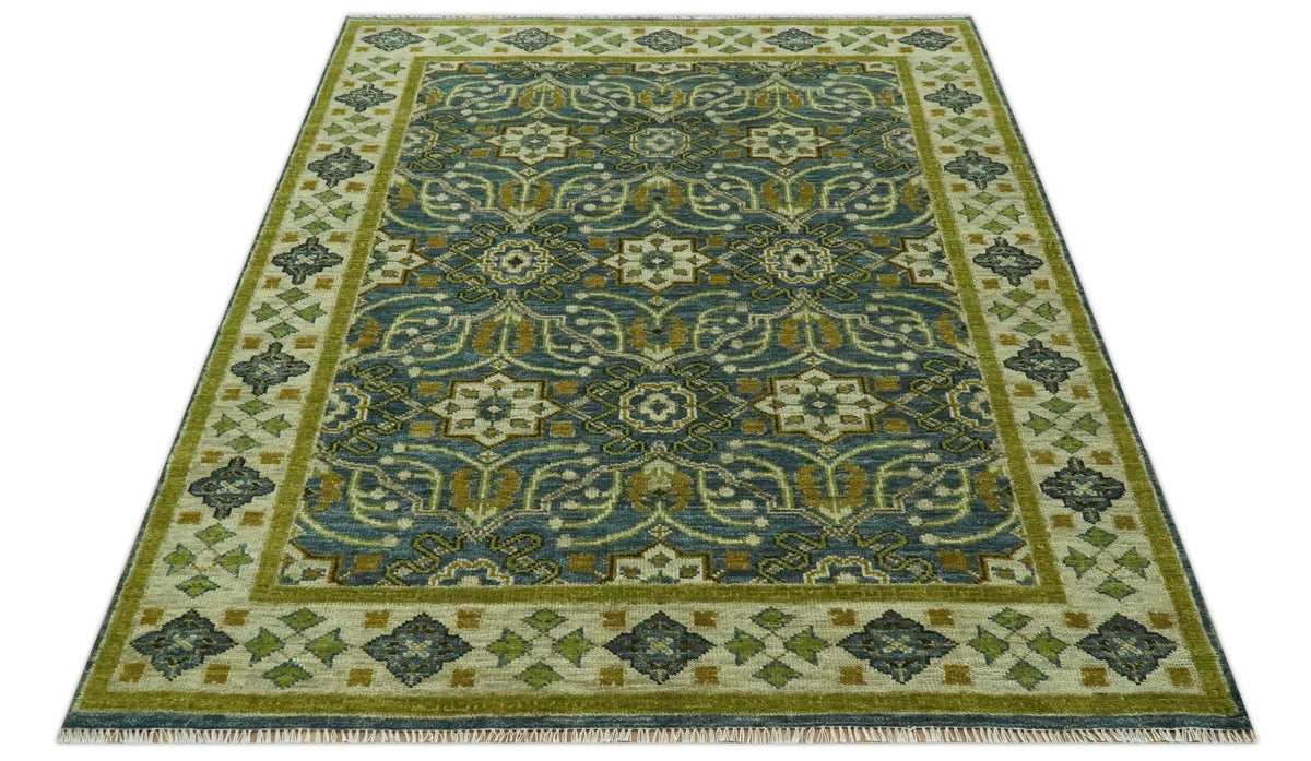 Blue and Olive Traditional motifs design Custom Made wool area rug.