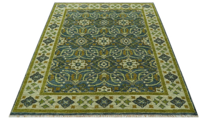 Blue and Olive Traditional motifs design Custom Made wool area rug.