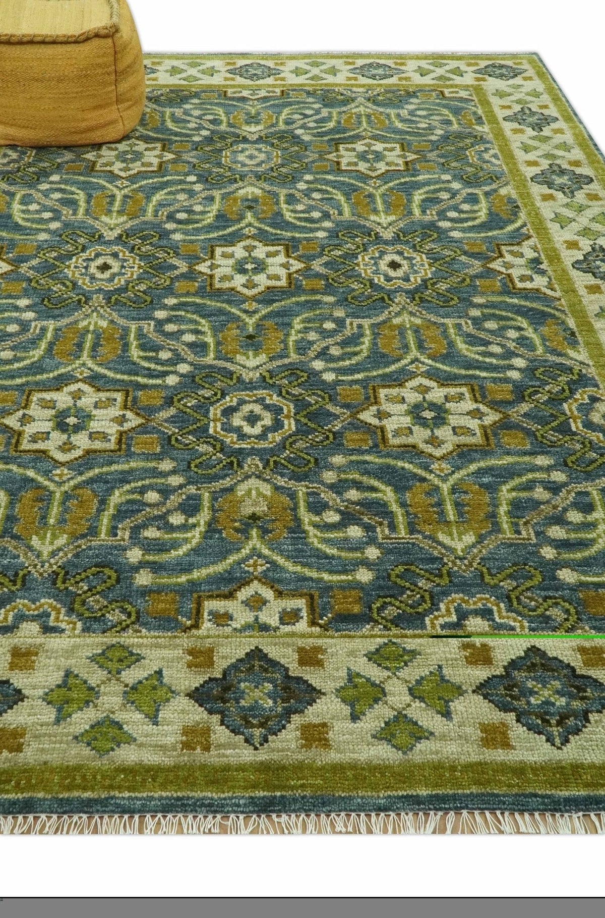Blue and Olive Traditional motifs design Custom Made wool area rug.