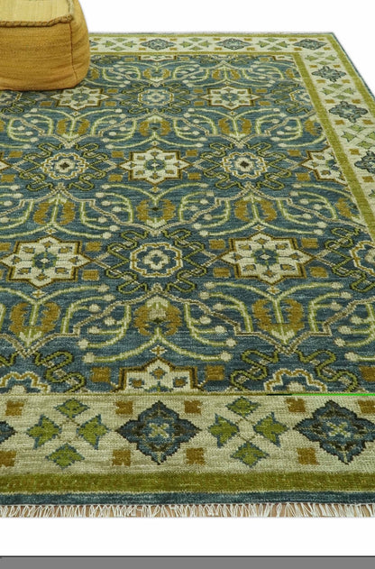 Blue and Olive Traditional motifs design Custom Made wool area rug.