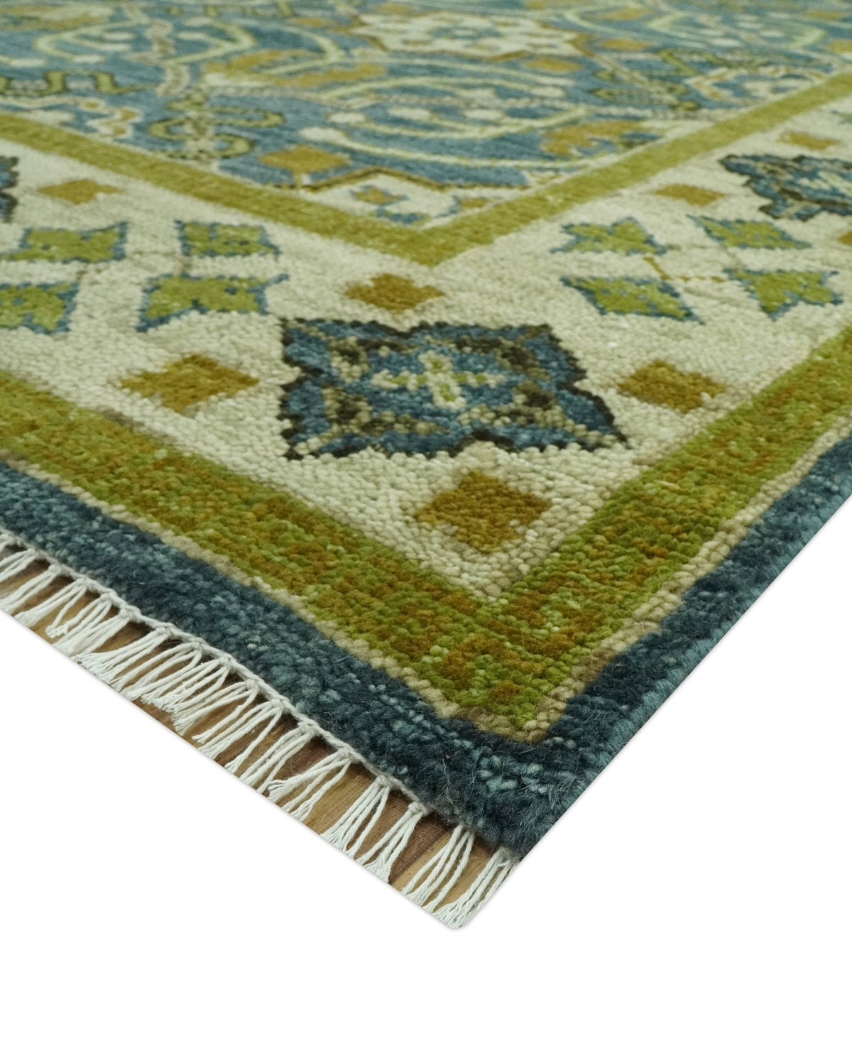 Blue and Olive Traditional motifs design Custom Made wool area rug.
