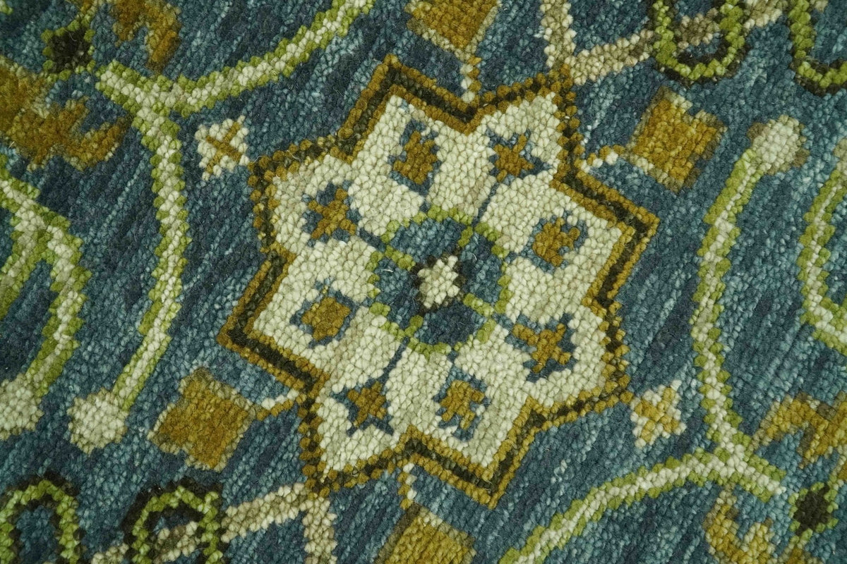 Blue and Olive Traditional motifs design Custom Made wool area rug.