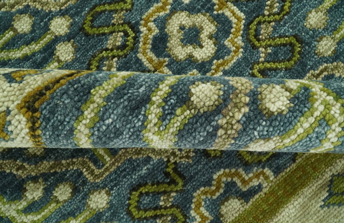Blue and Olive Traditional motifs design Custom Made wool area rug.