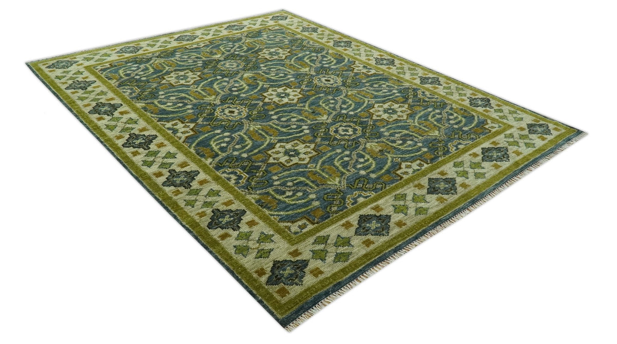 Blue and Olive Traditional motifs design Custom Made wool area rug.