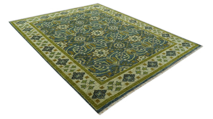 Blue and Olive Traditional motifs design Custom Made wool area rug.