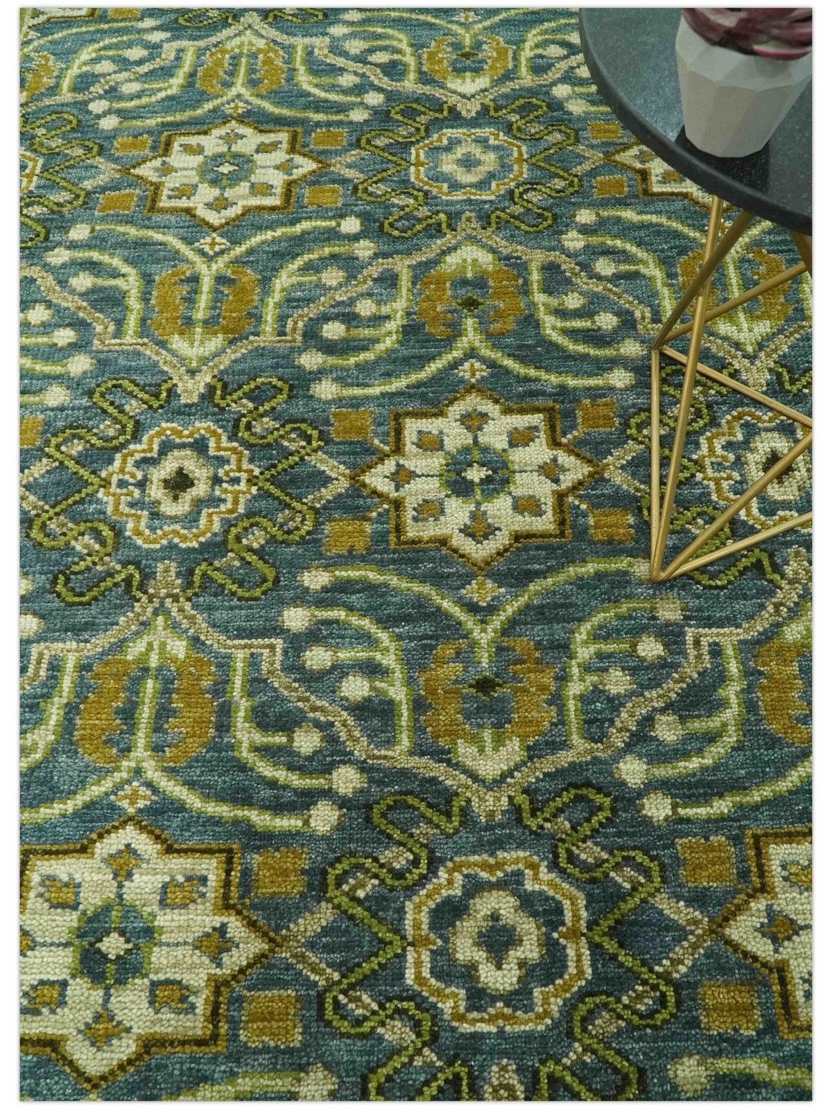 Blue and Olive Traditional motifs design Custom Made wool area rug.