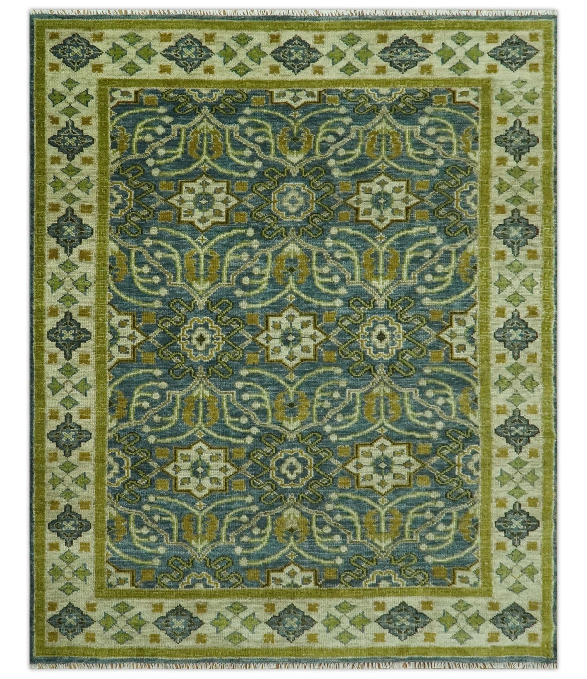 Blue and Olive Traditional motifs design Custom Made wool area rug.