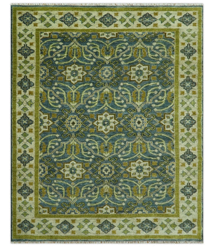 Blue and Olive Traditional motifs design Custom Made wool area rug.
