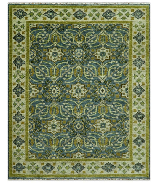 Blue and Olive Traditional motifs design Custom Made wool area rug.