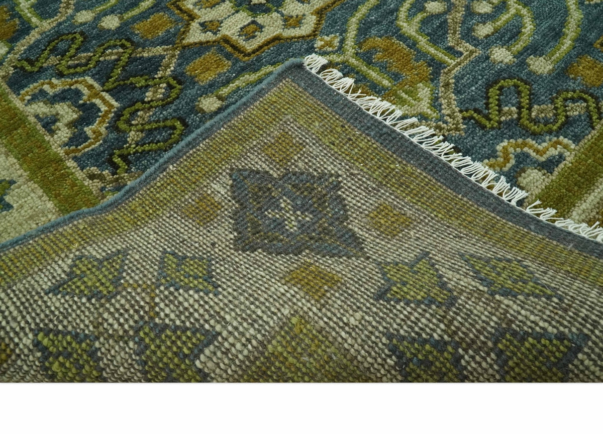 Blue and Olive Traditional motifs design Custom Made wool area rug.