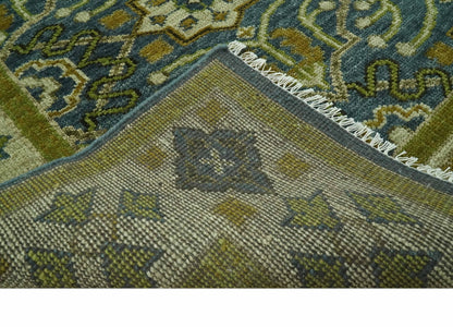 Blue and Olive Traditional motifs design Custom Made wool area rug.