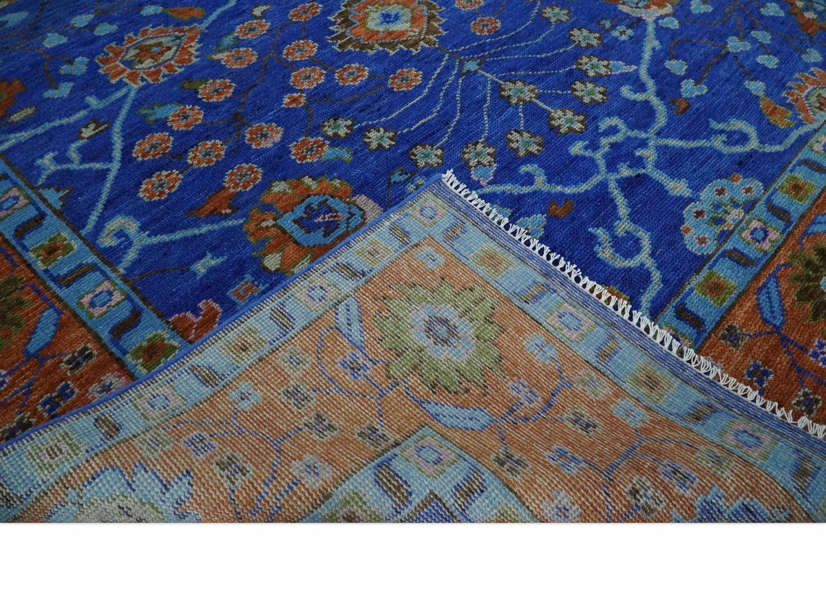 Blue and Rust Hand Knotted Traditional Floral Oushak Multi Size Wool Area Rug.