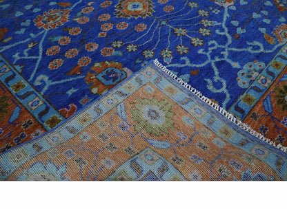 Blue and Rust Hand Knotted Traditional Floral Oushak Multi Size Wool Area Rug.