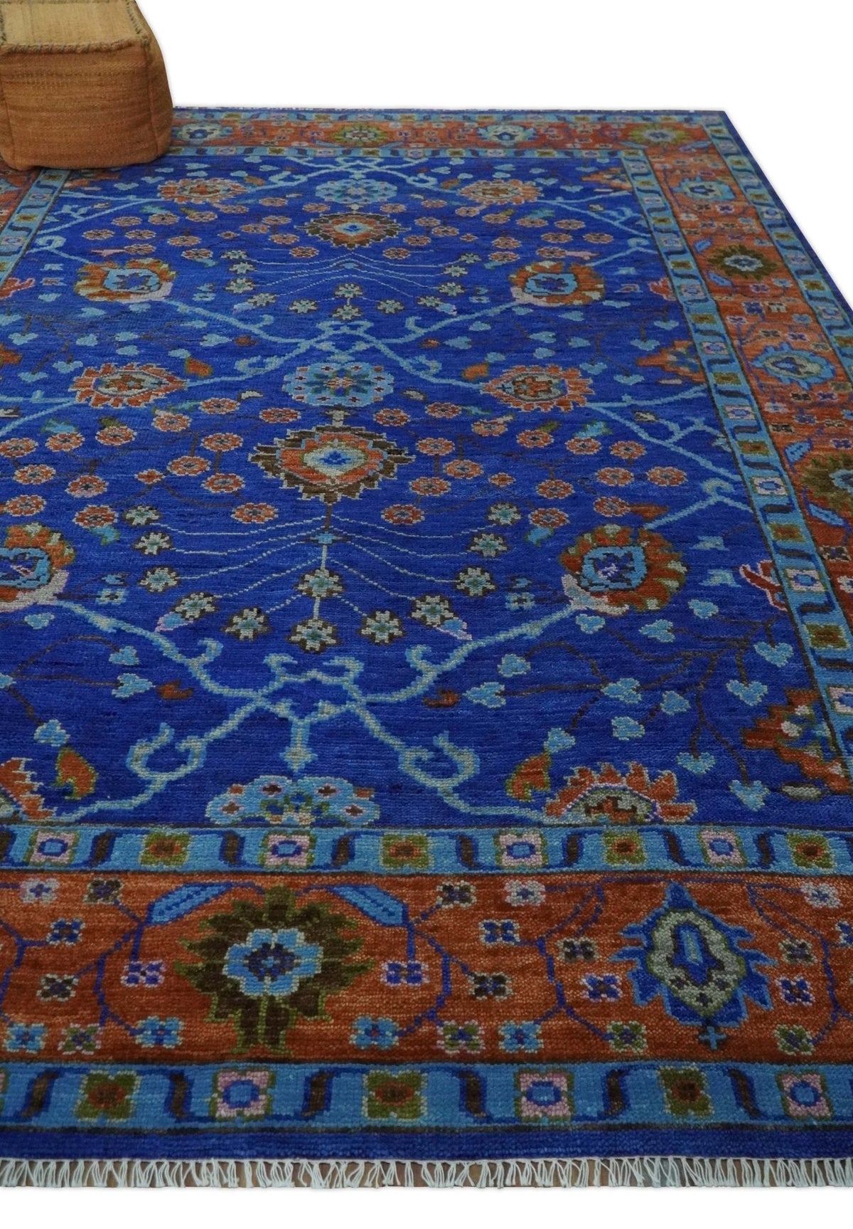 Blue and Rust Hand Knotted Traditional Floral Oushak Multi Size Wool Area Rug.