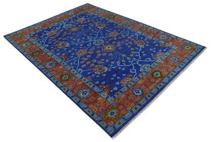 Blue and Rust Hand Knotted Traditional Floral Oushak Multi Size Wool Area Rug.