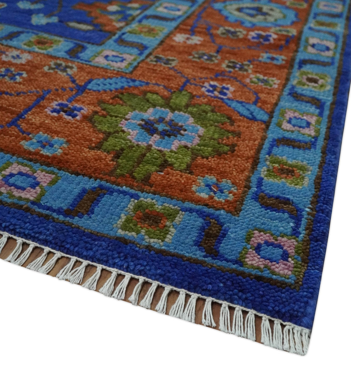 Blue and Rust Hand Knotted Traditional Floral Oushak Multi Size Wool Area Rug.