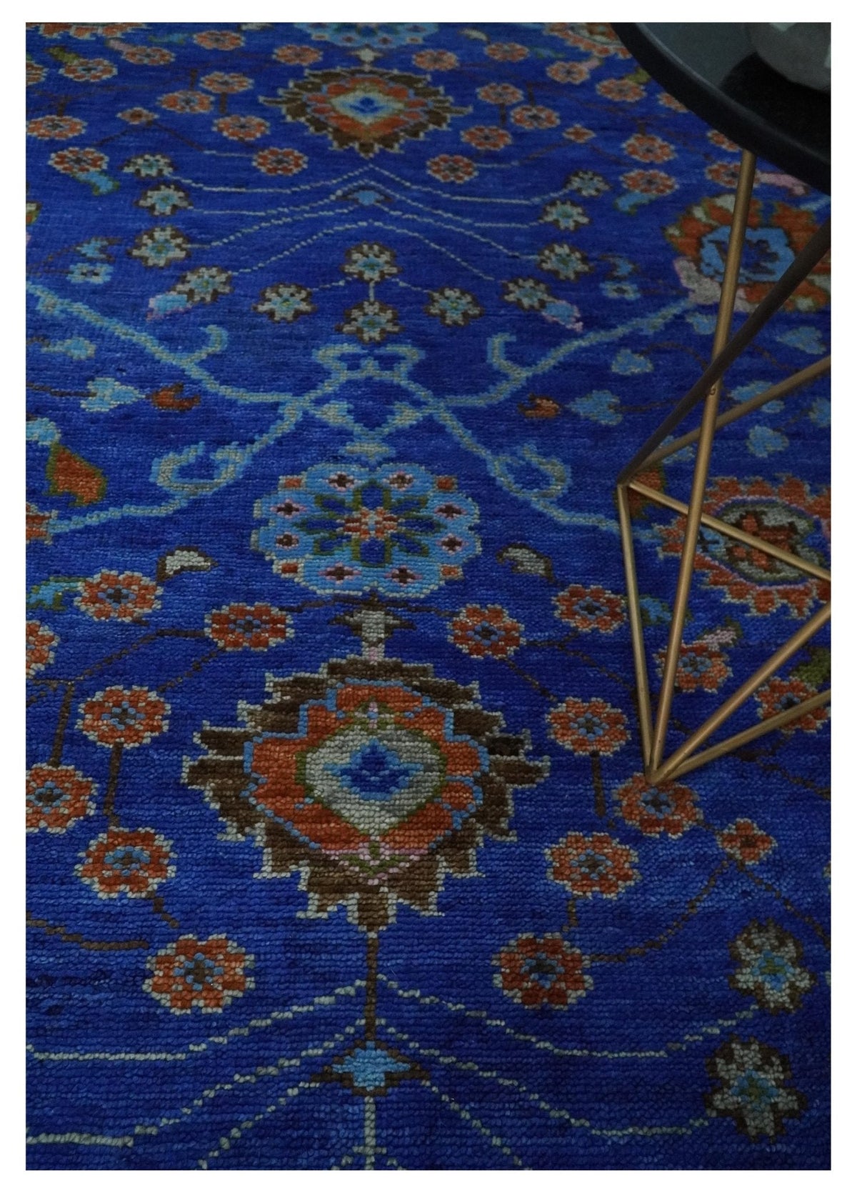 Blue and Rust Hand Knotted Traditional Floral Oushak Multi Size Wool Area Rug.