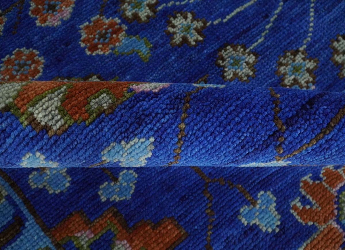Blue and Rust Hand Knotted Traditional Floral Oushak Multi Size Wool Area Rug.
