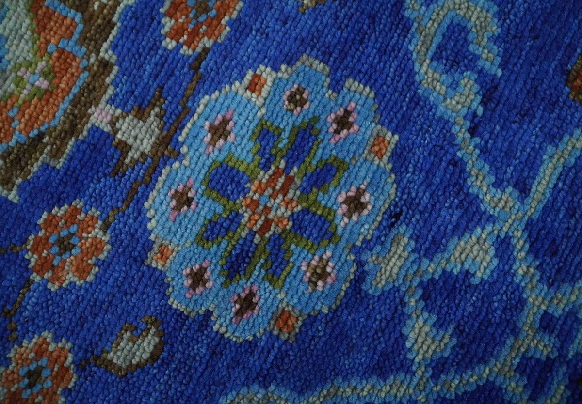 Blue and Rust Hand Knotted Traditional Floral Oushak Multi Size Wool Area Rug.