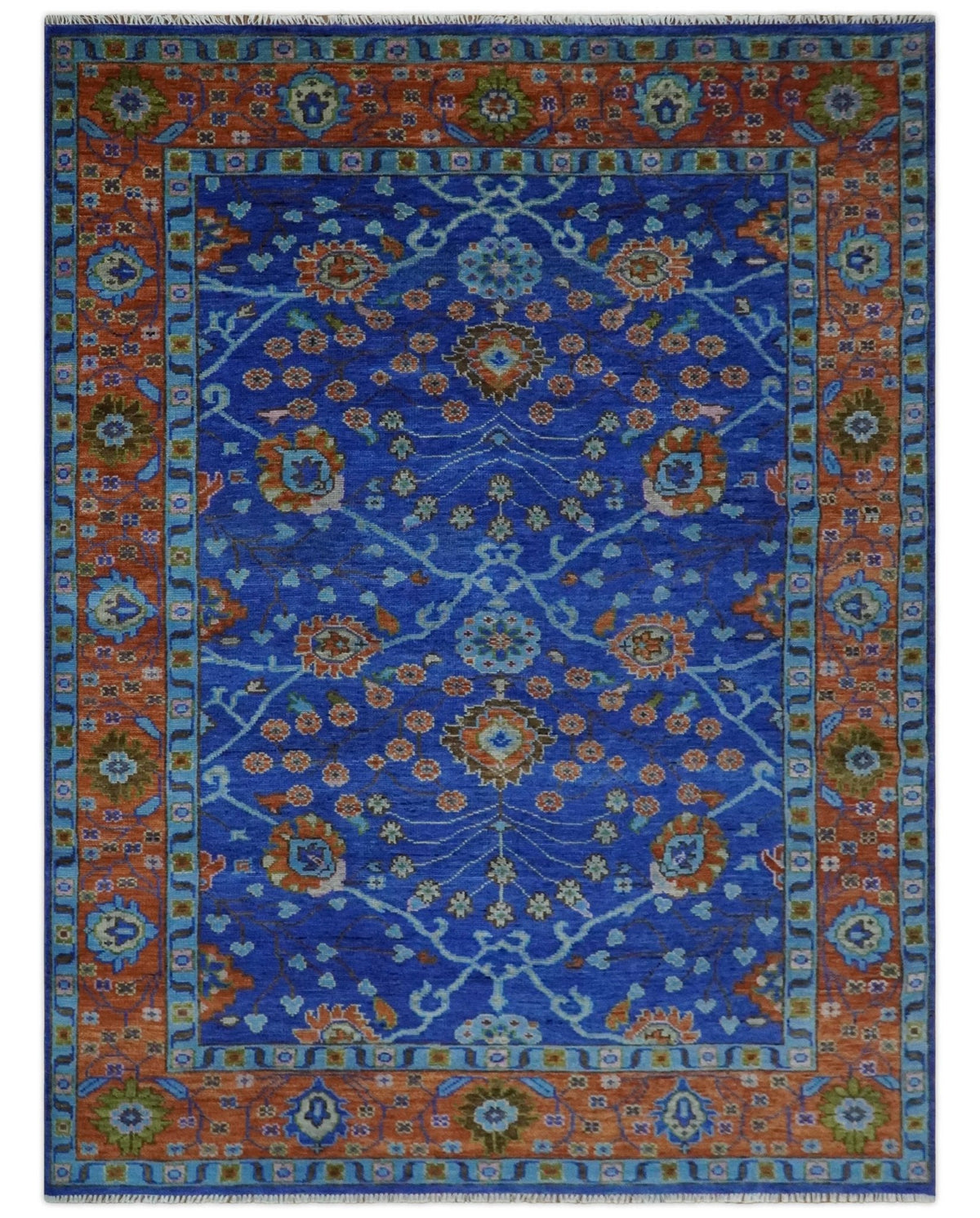 Blue and Rust Hand Knotted Traditional Floral Oushak Multi Size Wool Area Rug.