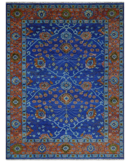 Blue and Rust Hand Knotted Traditional Floral Oushak Multi Size Wool Area Rug.