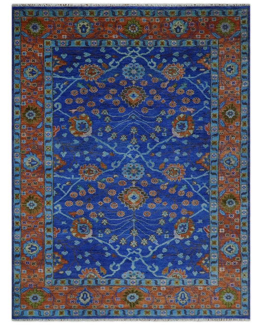 Blue and Rust Hand Knotted Traditional Floral Oushak Multi Size Wool Area Rug.