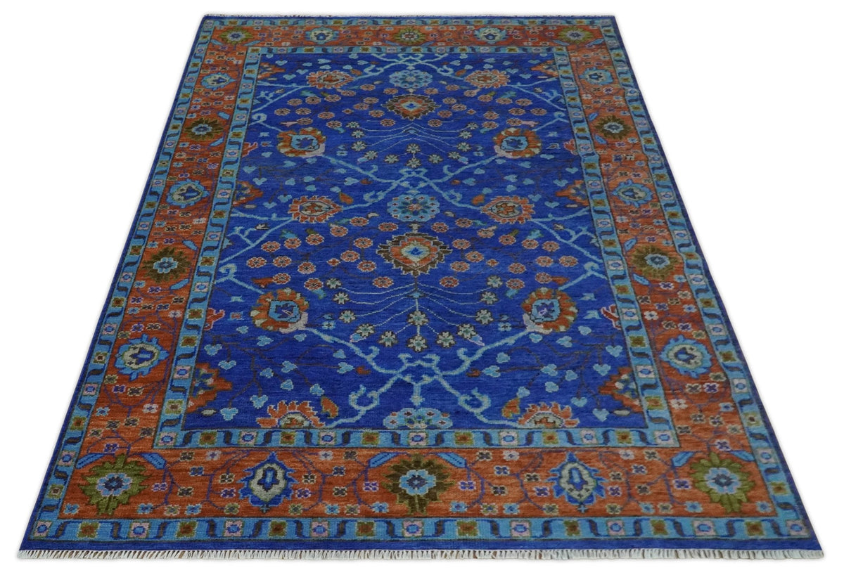 Blue and Rust Hand Knotted Traditional Floral Oushak Multi Size Wool Area Rug.