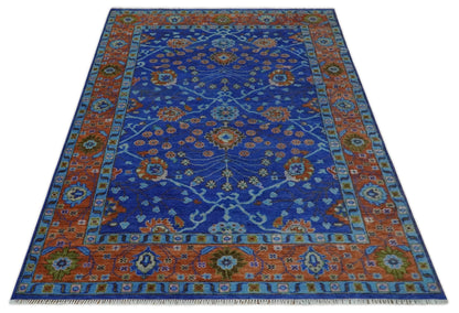 Blue and Rust Hand Knotted Traditional Floral Oushak Multi Size Wool Area Rug.