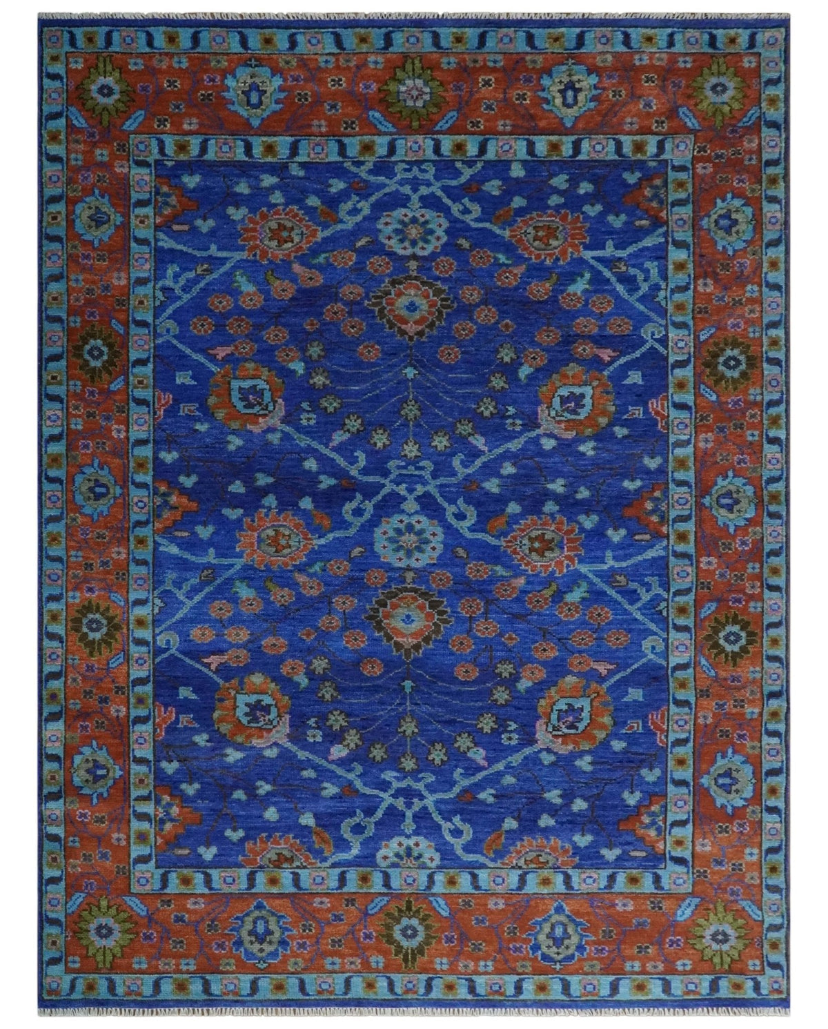 Blue and Rust Hand Knotted Traditional Floral Oushak Multi Size Wool Area Rug.