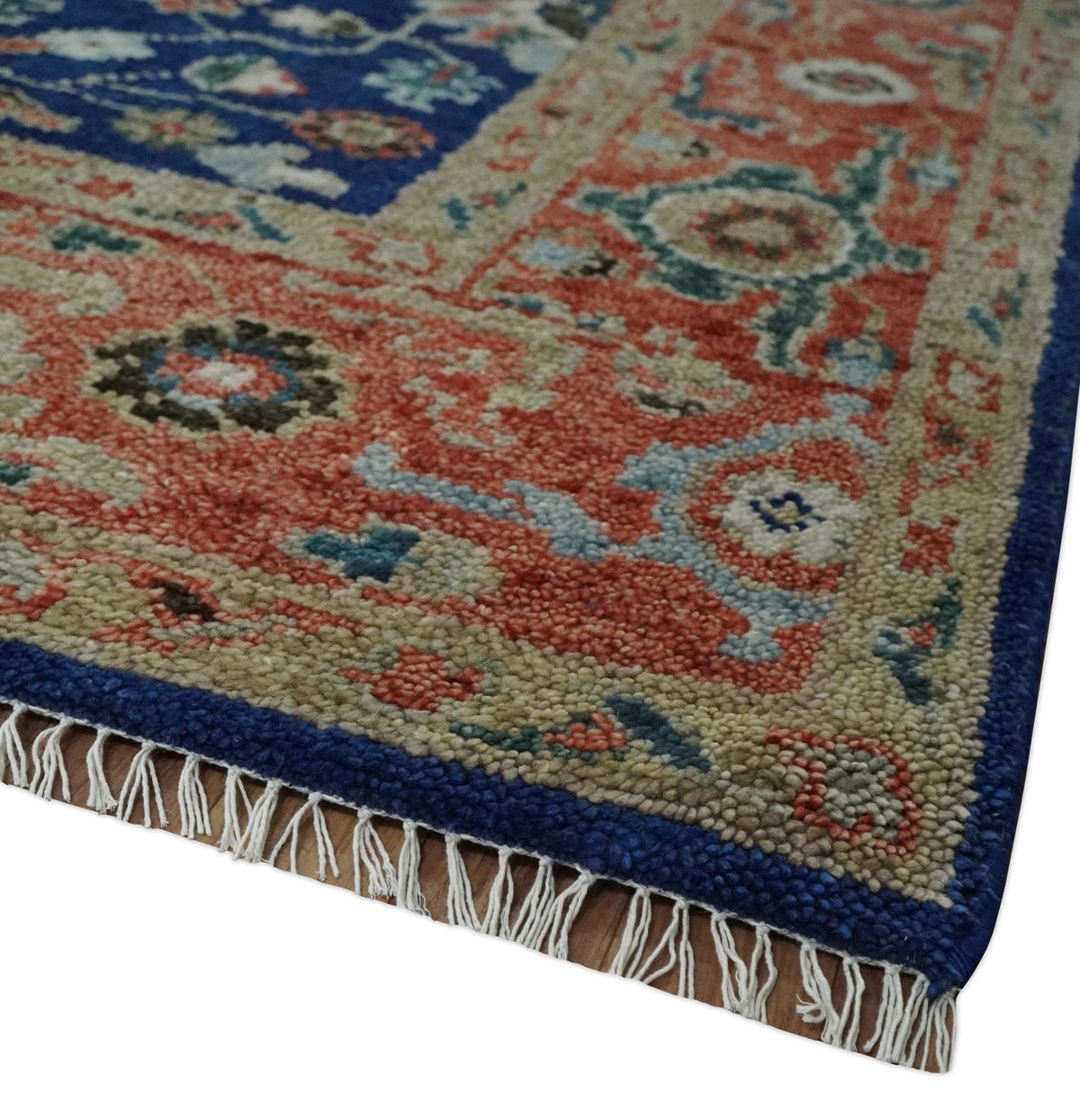 Blue and Rust Turkish Design Traditional Serapi Hand Knotted Wool Area Rug.