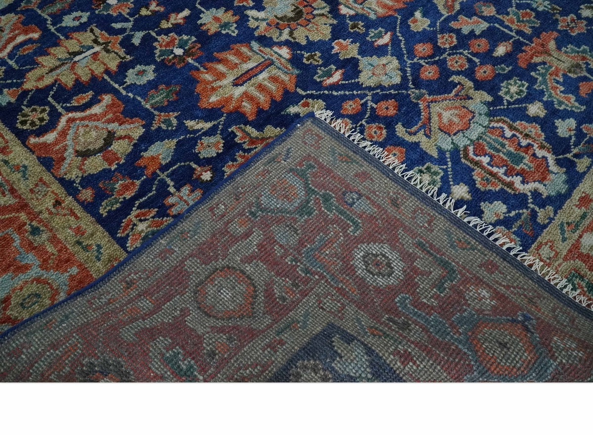 Blue and Rust Turkish Design Traditional Serapi Hand Knotted Wool Area Rug.