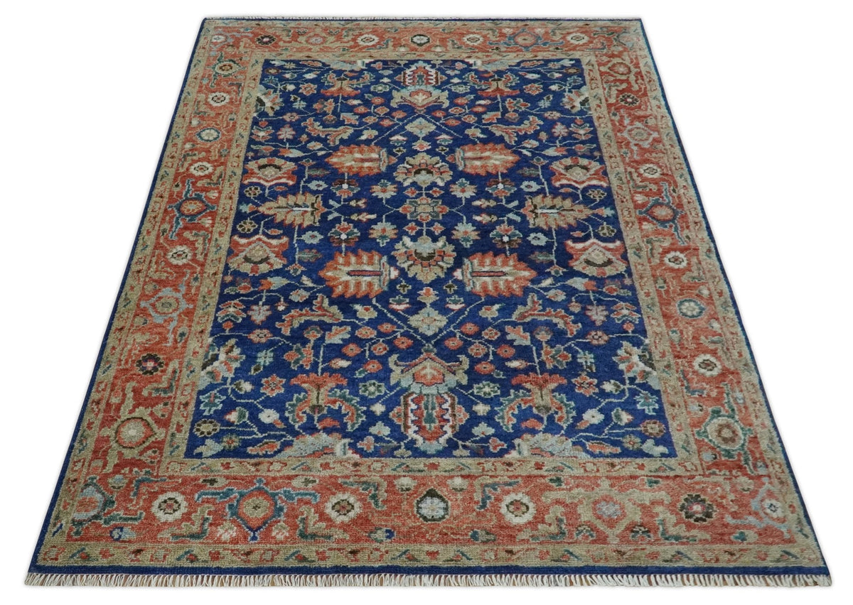 Blue and Rust Turkish Design Traditional Serapi Hand Knotted Wool Area Rug.