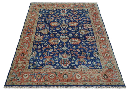 Blue and Rust Turkish Design Traditional Serapi Hand Knotted Wool Area Rug.