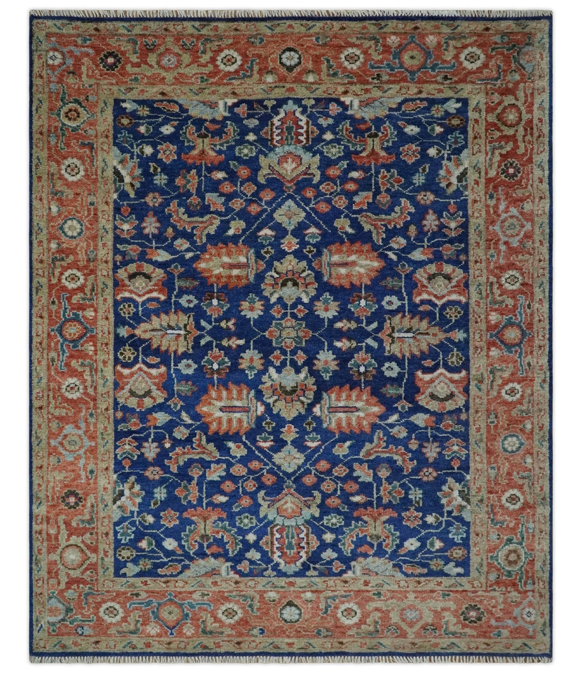 Blue and Rust Turkish Design Traditional Serapi Hand Knotted Wool Area Rug.