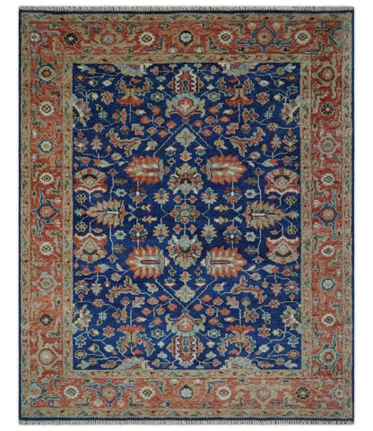 Blue and Rust Turkish Design Traditional Serapi Hand Knotted Wool Area Rug.