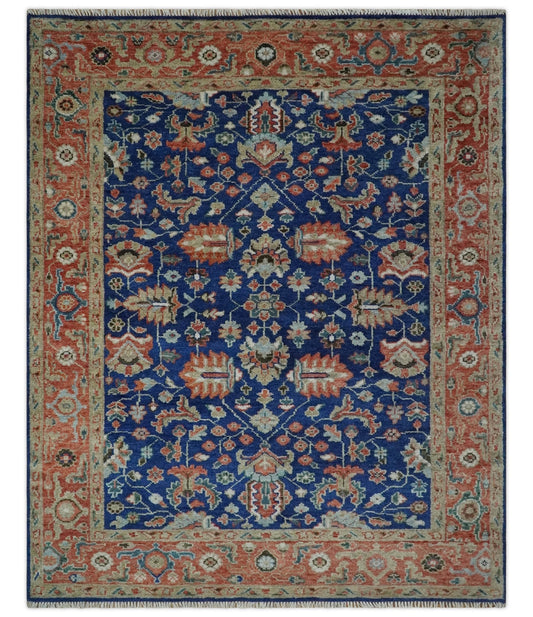 Blue and Rust Turkish Design Traditional Serapi Hand Knotted Wool Area Rug.