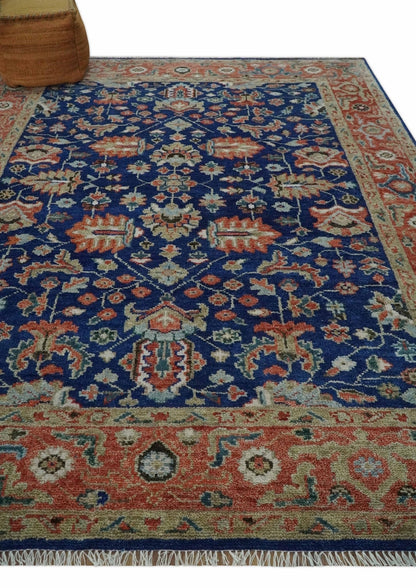 Blue and Rust Turkish Design Traditional Serapi Hand Knotted Wool Area Rug.