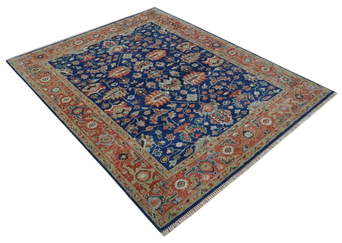 Blue and Rust Turkish Design Traditional Serapi Hand Knotted Wool Area Rug.