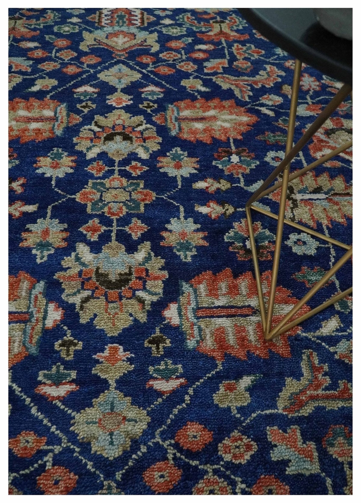 Blue and Rust Turkish Design Traditional Serapi Hand Knotted Wool Area Rug.