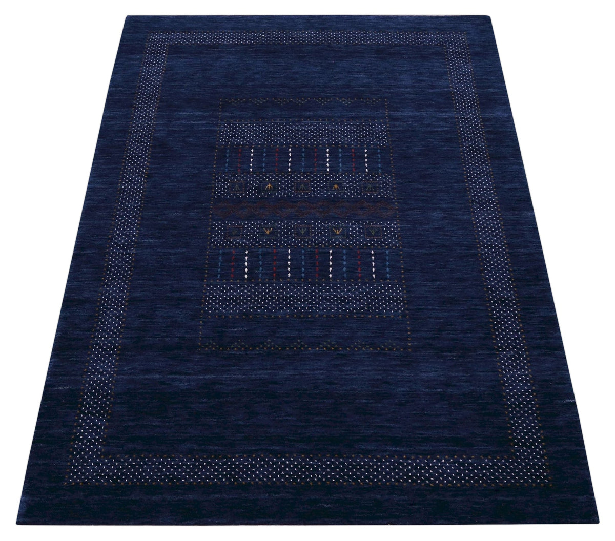 Blue And White Center Pattern Design Hand Loomed Wool Area Rug.