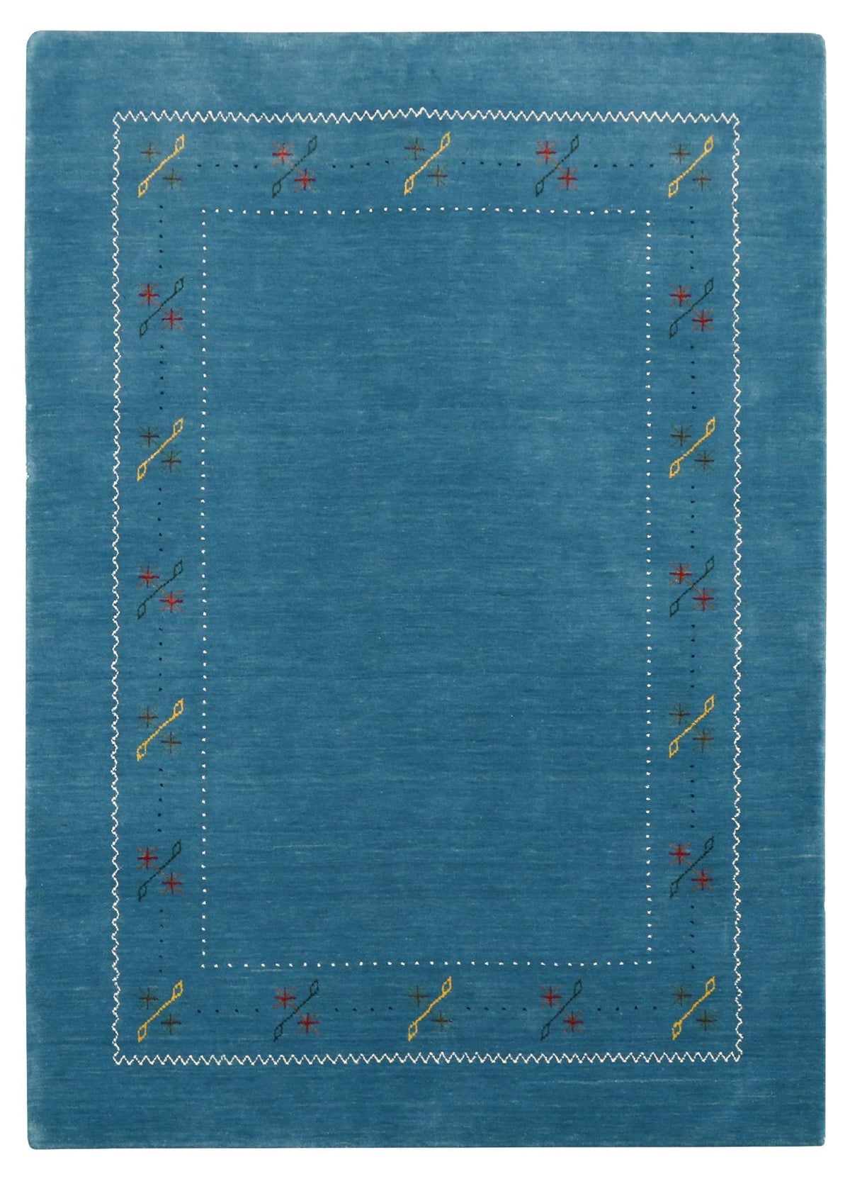 Blue And White Gabbeh Border Design Hand Loomed Wool Area Rug.