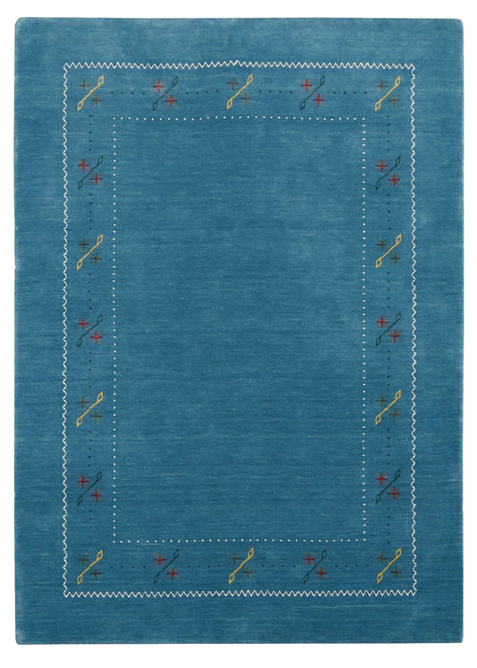 Blue And White Gabbeh Border Design Hand Loomed Wool Area Rug.