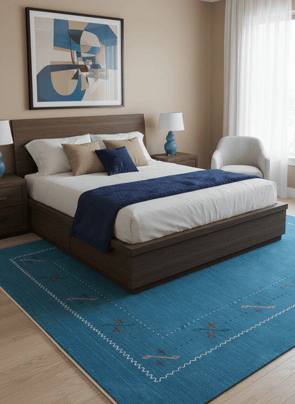 Blue And White Gabbeh Border Design Hand Loomed Wool Area Rug