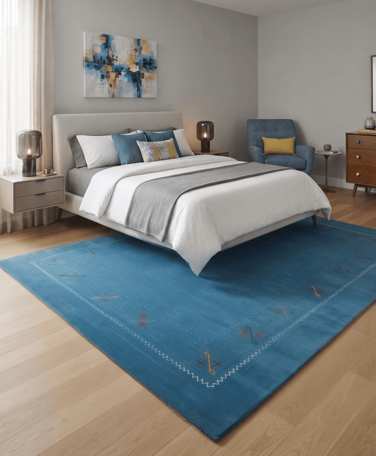 Blue And White Gabbeh Border Design Hand Loomed Wool Area Rug.